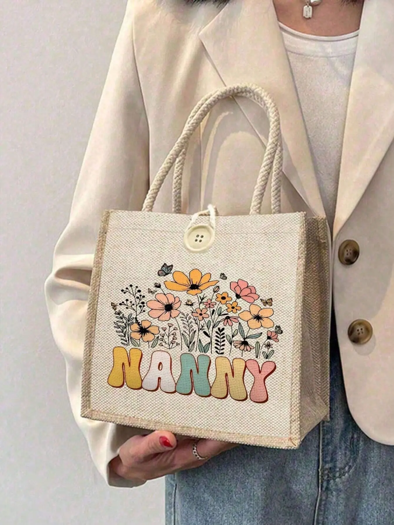 "nanny" Print Handbag Gift for Auntie, Fun Letter Pattern Storage Bag, Linen Shopping Tote, Foldable Travel Cosmetic Bag, Stylish Versatile Bag, Fashion Patterned Bag, Fashionable Bags, Fashionable Versatile Purse
