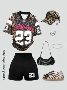 2 Piece Y2K Athletic Outfit Setet: : Leopard Print “California 23“ Baseball Tee and Black Shorts, Trendy Streetwear for Young Women, Daily Wear and Parties