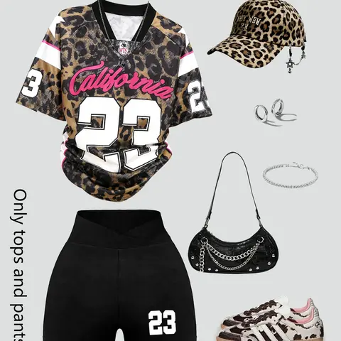 2 Piece Y2K Outfit Set: Leopard Print “California 23“ Baseball Tee and Black Shorts, Trendy Streetwear Vibe Everyday Womenswear Clothes for Young Women, Daily Wear and Parties, Short Sets