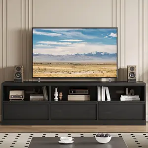 GAOMON Mid Century Modern TV Stand for 65 70 75 in TVs, Industrial Entertainment Center with 3 Drawers & Open Shelves, Sturdy MDF for Living Room & Bedroom, Black