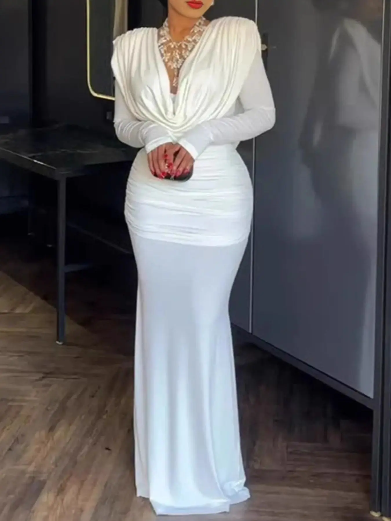 Women's Stretchable Polyester Ruched Long-Sleeve Maxi Dress with Zipper - Formal Wedding Guest Dress for Semi-Formal Special Occasions, Wedding Guest Dresses