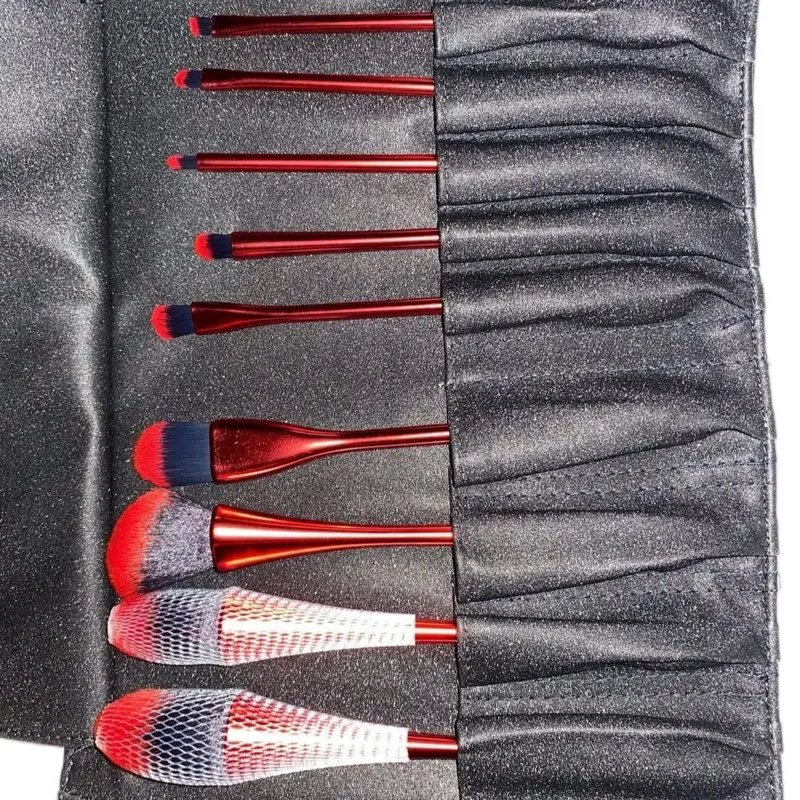 Red and Black Makeup Brushes - Set of Cosmetic Tools with Red Handles and Black and red Bristles