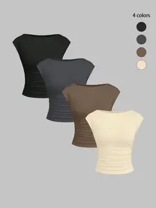 Women's 4-Piece Fashion Casual Basic Knit Fabric Round Neck Slim Fit Ruched Tank Top Set, Plain Leopard Pattern, Soft Breathable, Daily Wear, Casual Sleeveless Top, Breathable Summer Top