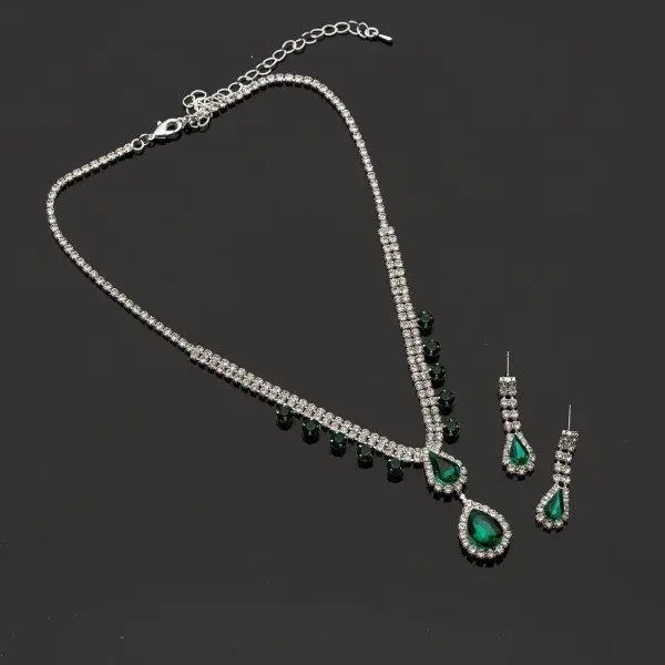 Wedding Jewelry Set Silver Emerald Plating Dangle Necklace Earrings Set for Unisex Elegance in Every Detail Perfect for Special Day Silver Plating with Emerald Color Finish
