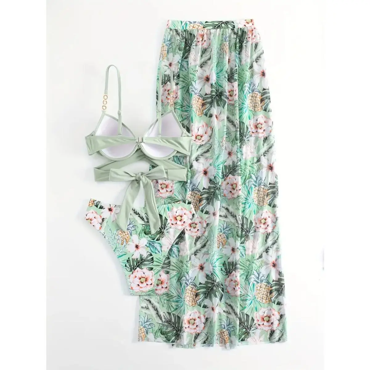 2026 New 3 Piece Sage Green Tropical Floral Pineapple Print Bikini Set for Women, Criss Cross Wrap Tie Back Push Up Top with Gold Chain Strap, High Waisted Bottom & Long Flowy Maxi Cover Up Skirt, Beach Vacation Swimwear SummerVibes