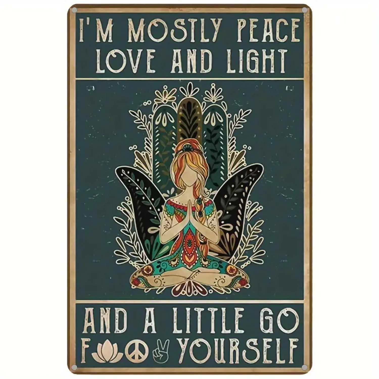 1pc, Metal Vintage Metal Painting Card Decor, Hippie Yoga Lady I M Mostly Peace Love Light Poster, Vintage Art logo, 11.81x7.87 inches, Wall Decor, Home Decor, Room Decor, bar Decor, Cafe Decor Ornaments Artistic