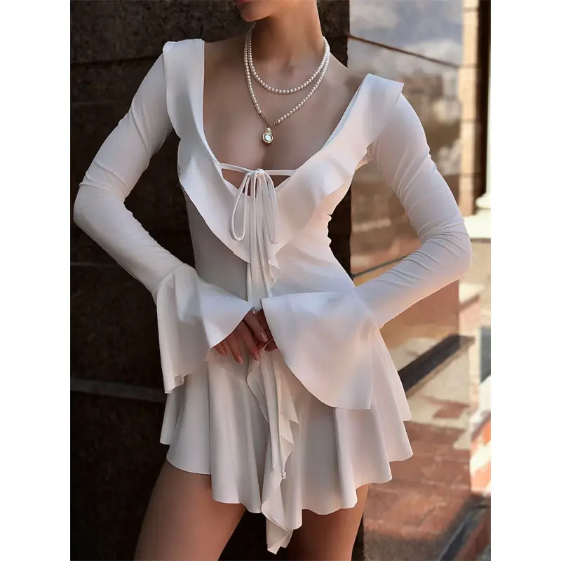 Ruffled Lace-Up White Mini Dress Women's V-Neck Patchwork Long Sleeve Sexy Slim Dress Bandage Elegant Female Summer Dress Casual Womenswear