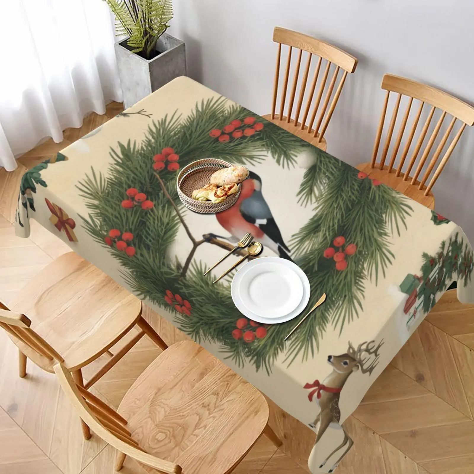 Merry Christmas Themed Tablecloth, 1 Count Wreath & Berry & Bird Pattern Festive Atmosphere Table Decoration, Home Decoration for Living Room Dining Room