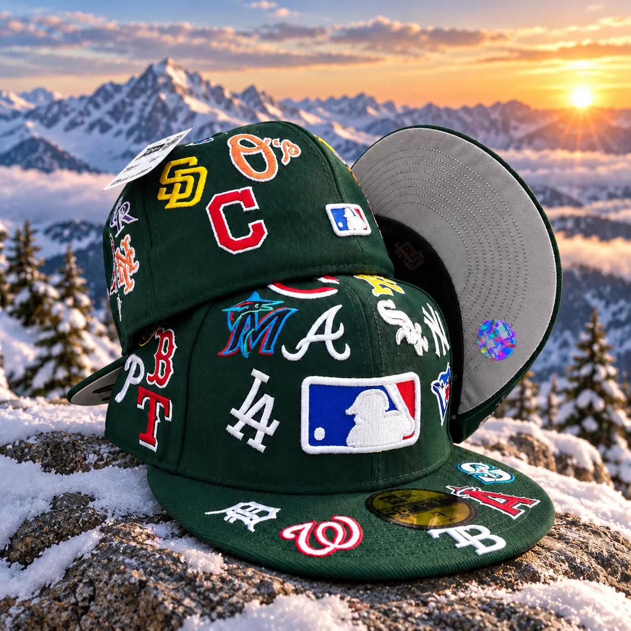 MLB Logo Scramble 59FIFTY Fitted Hat – Dark Green All-Over Embroidered Baseball Cap, Flat Brim Streetwear Hat