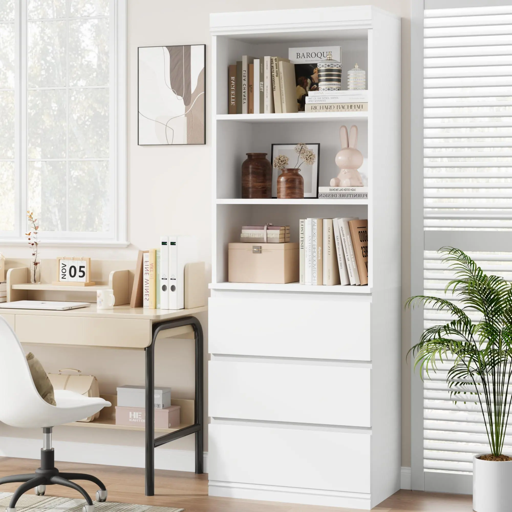 GARVEE Bookcase with Drawers 69.7 in Tall Bookshelf Farmhouse Bookcases Wooden Deep Bookshelves Storage Cabinet Organizer for Living Room, Study, Kitchen, Home Office,White