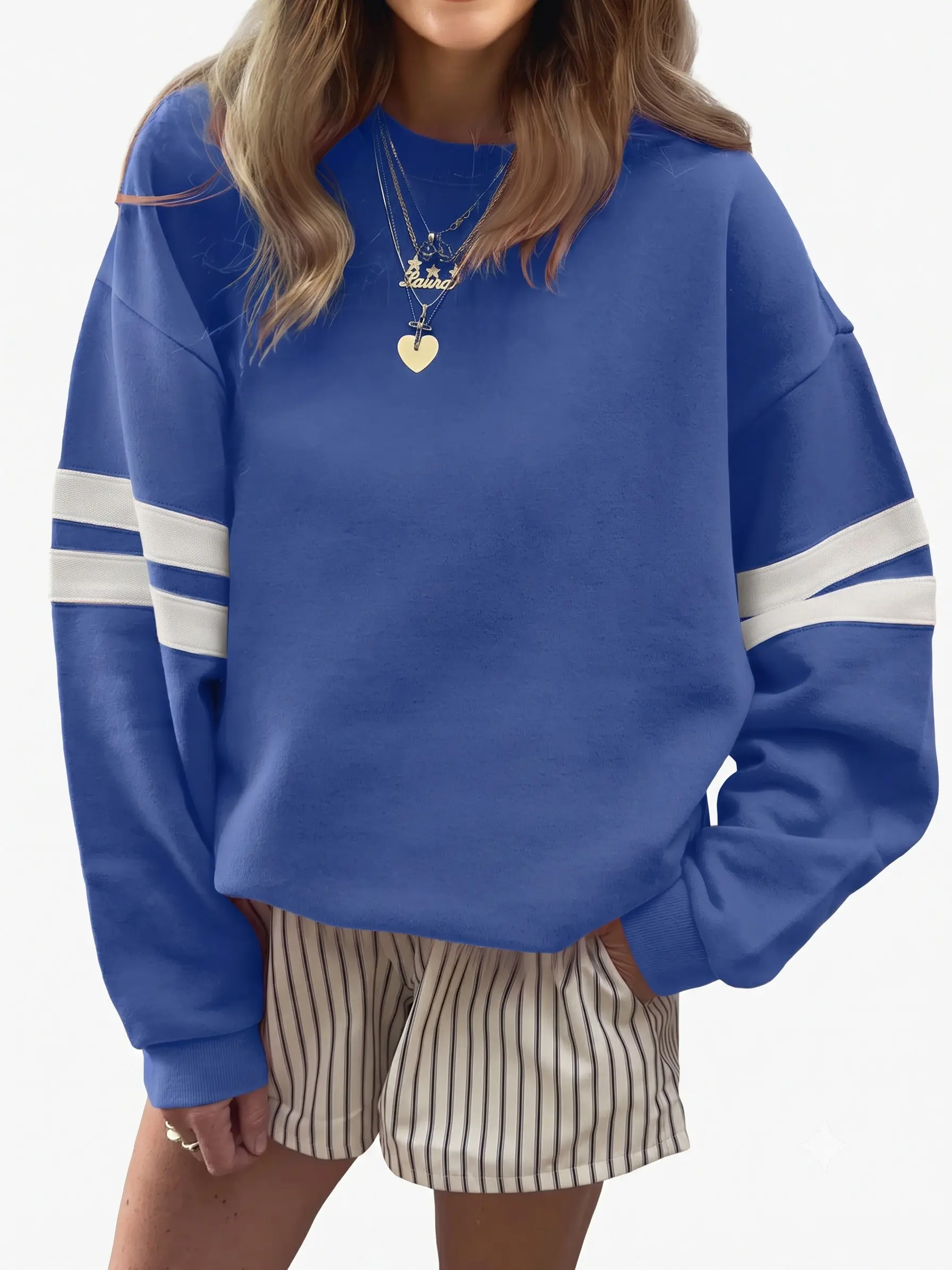 Women's Oversized Sweatshirt Varsity Striped Long Sleeve Drop Shoulder Crewneck Pullover Casual Fall Y2K Clothes