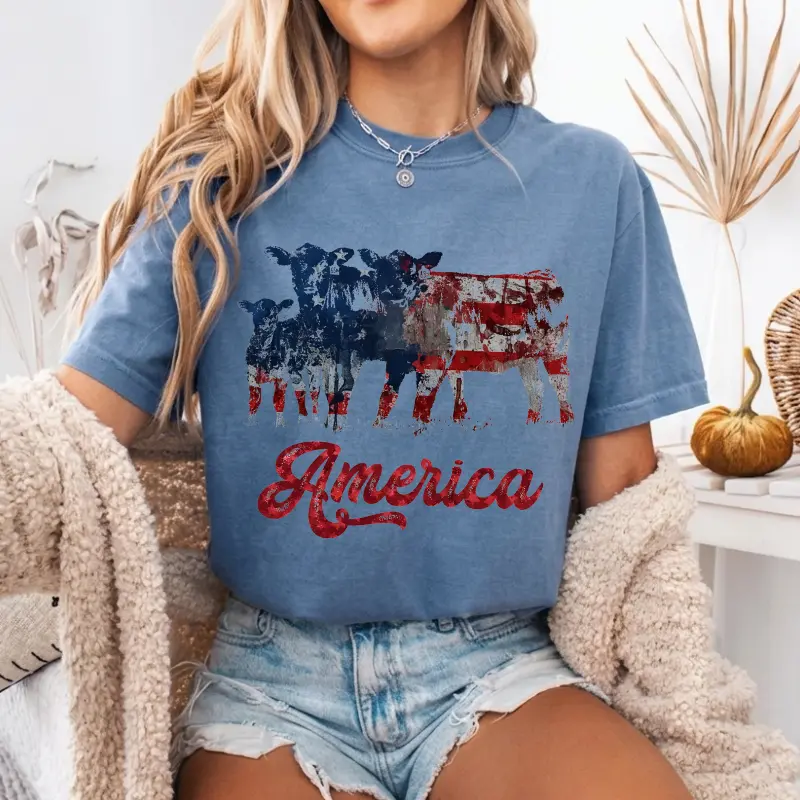 Comfort Colors Patriotic Cattle Tee, American Flag Ranching Apparel, Western Farmer Gift, USA Cow Graphic Shirt, Vintage Patriotic Tee, Country Life Clothing