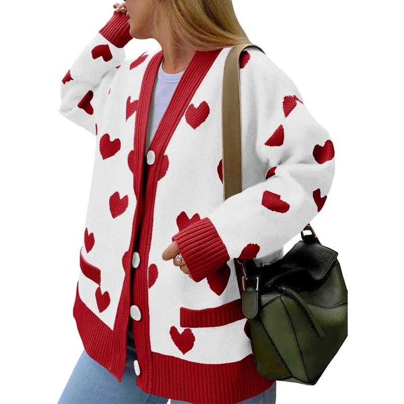 Saodimallsu Womens Oversized Heart Cardigan Color Block V Neck Button Long Sleeve Chunky Valentines Sweaters with Two Pockets & Contrast Trim