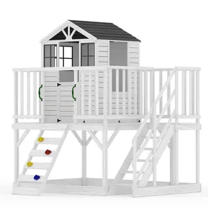 GAOMON Outdoor Wooden White Playhouse with Climbing Wall, 2 Story Wooden Playhouse with Step Ladder, Elevated Modern Cedar Playhouses Kids