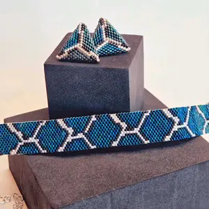 Handmade Blue Snake Pattern Beaded Bracelet - Flat Design Unique Jewelry - Perfect Gift