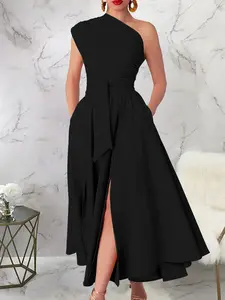Women's One-Shoulder Plain Split Thigh Dress, Elegant, Formal and Comfortable, Perfect for Parties and Special Occasions, Unique Design for Summer, Formal Wear