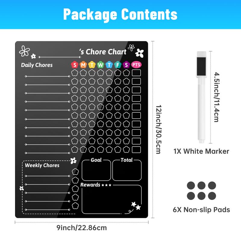 NiHome Magnetic Acrylic Chore Chart for Kids, 12"x9" Clear Black Background with 6 Hidden Strong Magnets, Scratch-Resistant Reusable Dry Erase Board for Fridge Organization and Daily Task Management