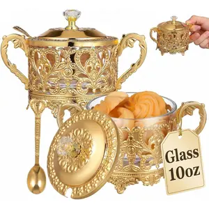 2Pcs Vintage Sugar Bowls with Lids, 10Oz Turkish Style Glass & Iron Serving Dish for Spices, Candy, Fruits, Cookies & Nuts, Elegant Seasoning Jars for Kitchen & Dining, Golden Food Storage Containers Metal