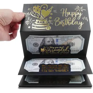 Birthday Money Envelope for Cash Gifts, Surprise Cash Envelope for All Ages, Birthday Gift Card, Black Gold Money Holder for Gifting