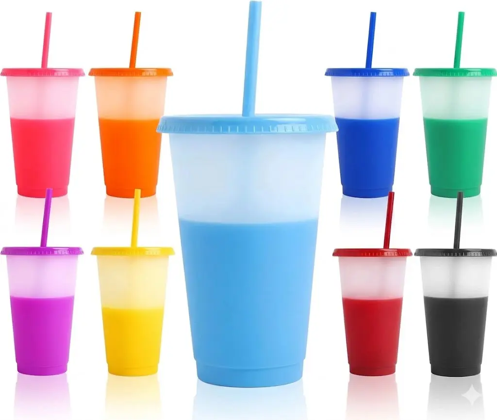 Reusable Leak ProofColor Changing Cups 10Pcs 24oz Plastic Tumblers With Lids and Straws for Iced Coffee Smoothie - Reusable Leak Proof Party Cups for Kids