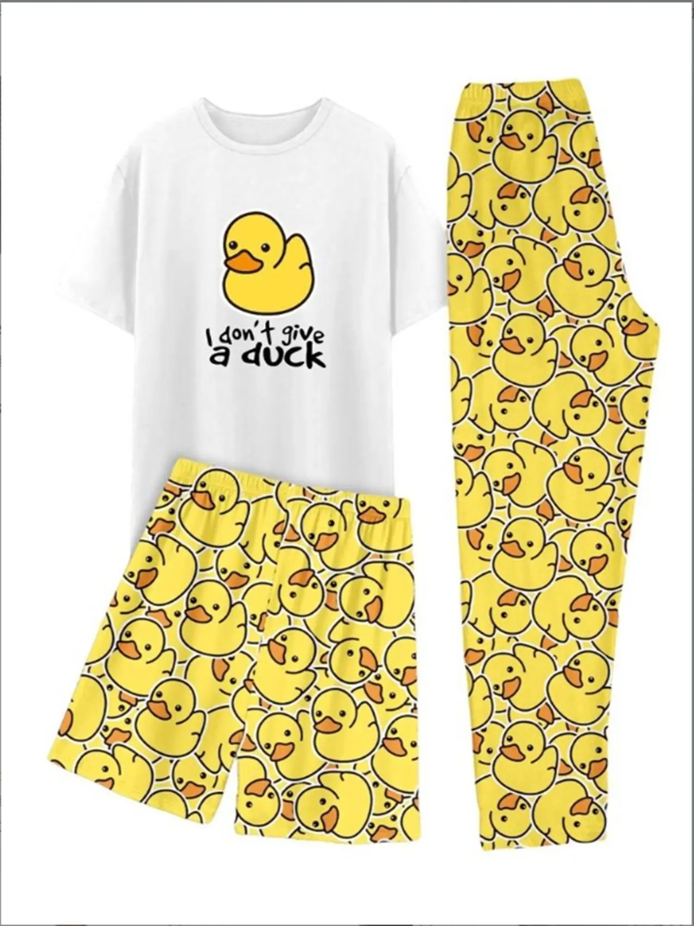 Men's Cartoon Duck Print Fitted T-Shirt, Elastic Waist Stretchy Pants & Shorts Set, Loungewear, Cozy Lounge Set, Comfortable Breathable Casual Summer Pajamas Nightwear, 3 Piece Pjs Pyjamas