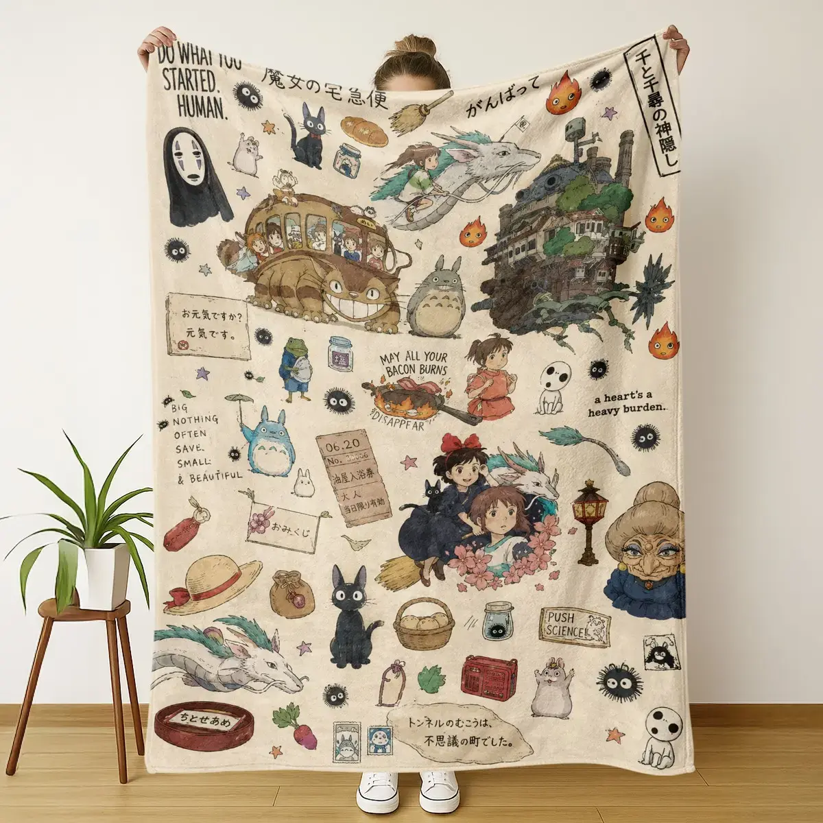 Studio Ghibli Inspired Anime Flannel Blanket Totoro No Face Calcifer Haku Jiji Character Style Soft Cozy Throw Blanket Lightweight Bedding Blanket for Sofa Bed Couch Bedroom Living Room Anime Fans
