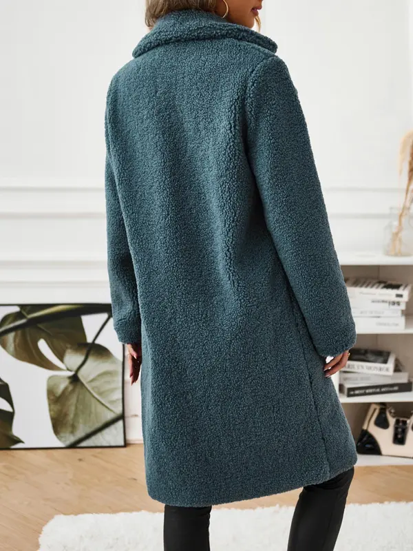 Women's Solid Button Front Lapel Neck Fuzzy Coat, Casual Warm Long Sleeve Coat for Fall & Winter, Women's Clothing for Daily Wear 1