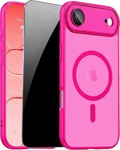 for iPhone  Air Case with Privacy Screen Protector and Camera Protection Compatible with MagSafe Magnetic Translucent Matte Shockproof Phone Cover for iPhone 17 Air Women/Girls,Hot Pink Cellphone Protective Smartphone Casing