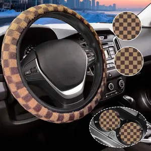 Dark Brown Checkered Fuzzy Steering Wheel Cover for Women, Universal Auto Steering Wheel 14-15 Inch Soft Warm  Interior Accessories with 2 count  Coasters, Suitable for Men and Women
