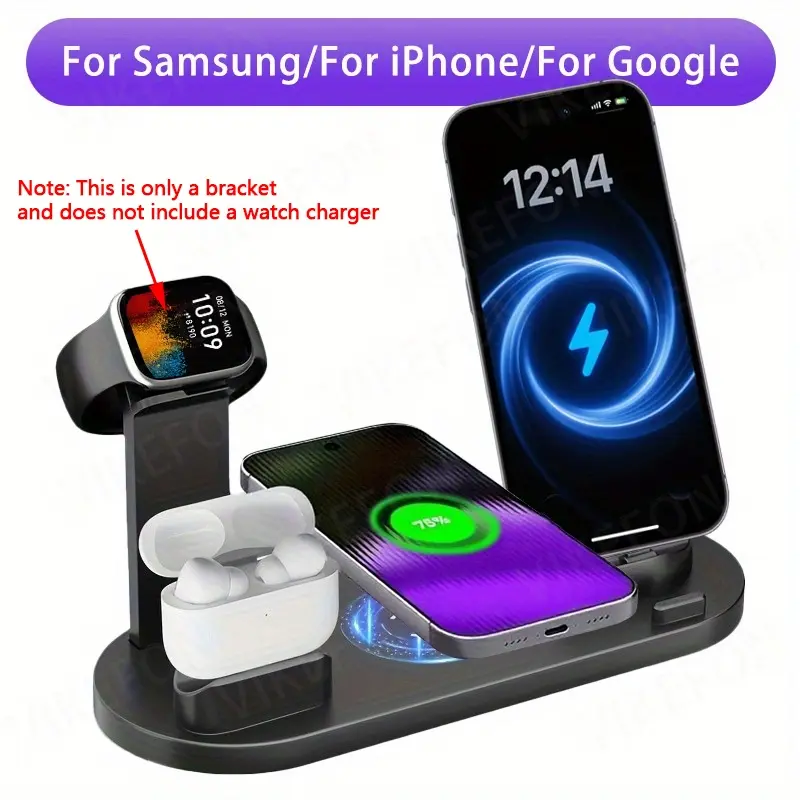 Wireless Charger Stand Universal Compatibility For iPhone 17 16 15 14 13 12 11 Pro Max Samsung Galaxy S25 S24 Watch 8 7 6 5 4 3 2 Active 1 2 Earbuds Airpods Desk Phone Holder Fast Charging Dock Station