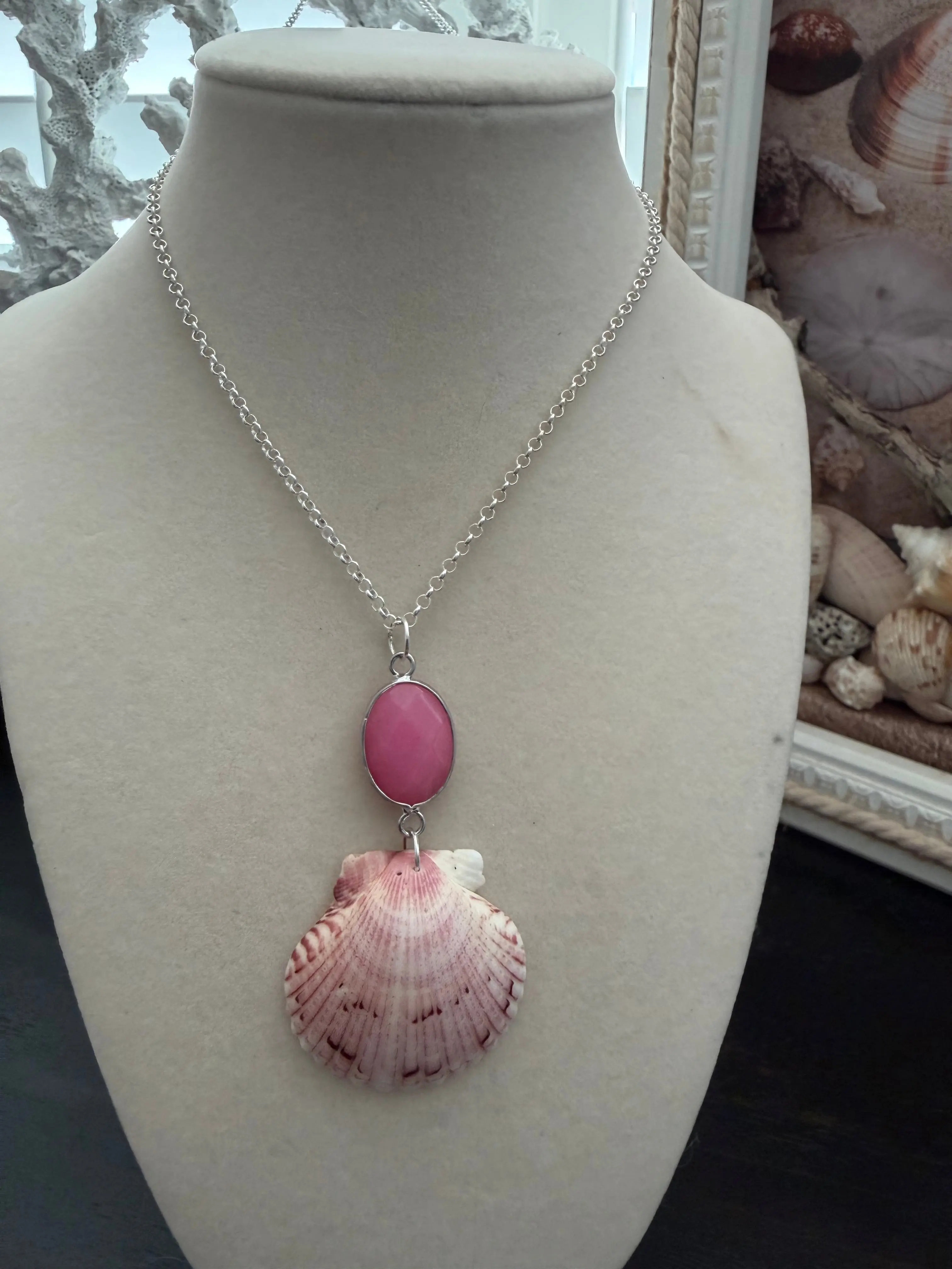 Flamingo Pendant Shell Necklace, Coastal Feminine Statement Style Costume Jewelry, Gift Ideas for Women