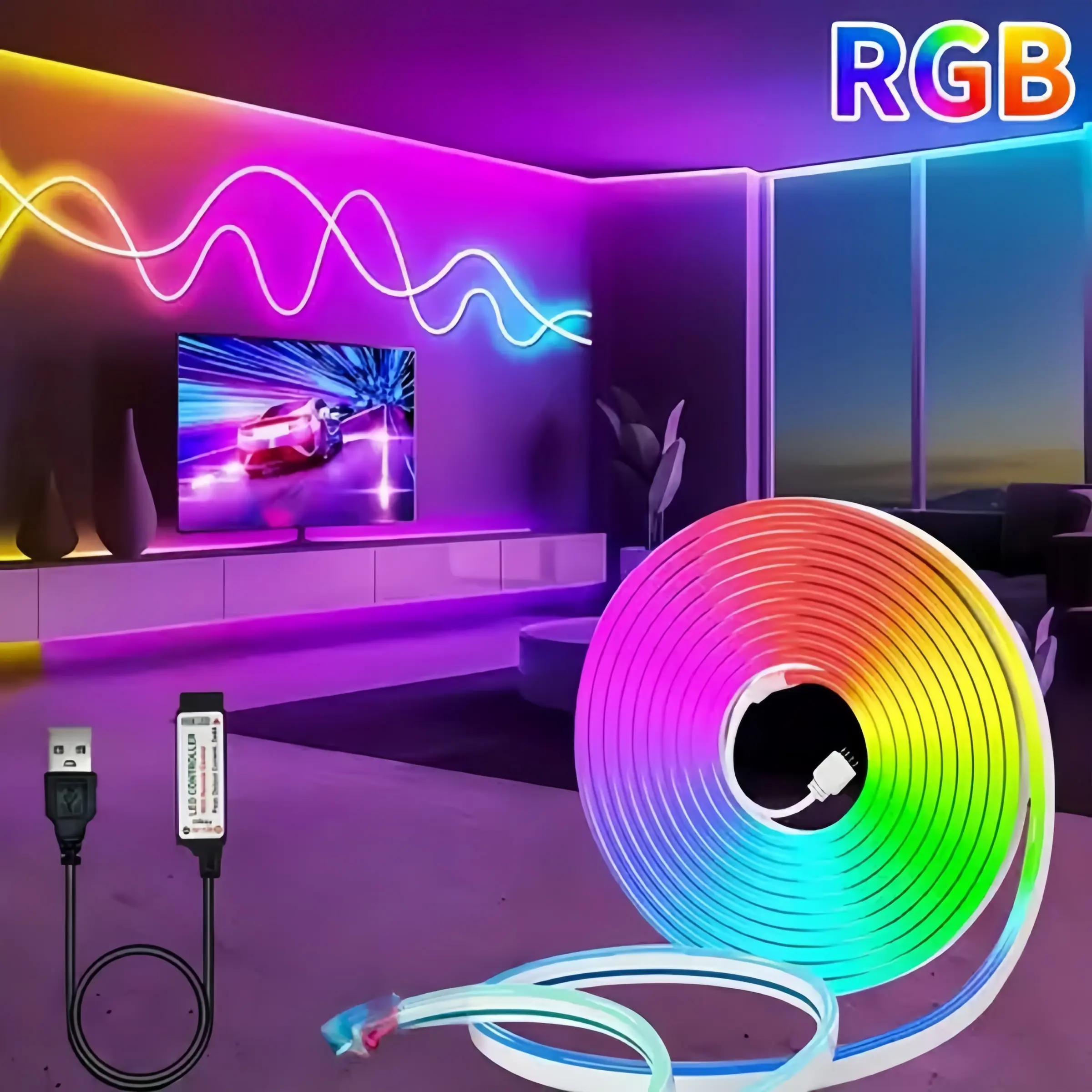 Flexible LED Neon Strip Light Tape, 5v RGB, Adjustable Color Changing, Controller Included, Ideal for Bedroom, Room Decor, Wedding Party, Led Strip Lights, RGB Lighting