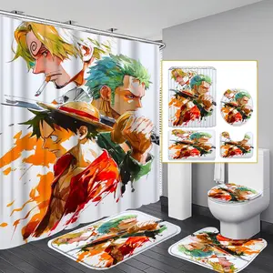 4-Piece Pirate Pattern Shower Curtain Set, Modern Home Bathroom Art Decor, Includes 12 Hooks, Non-Slip Toilet Mat & U-Shaped Seat Cover