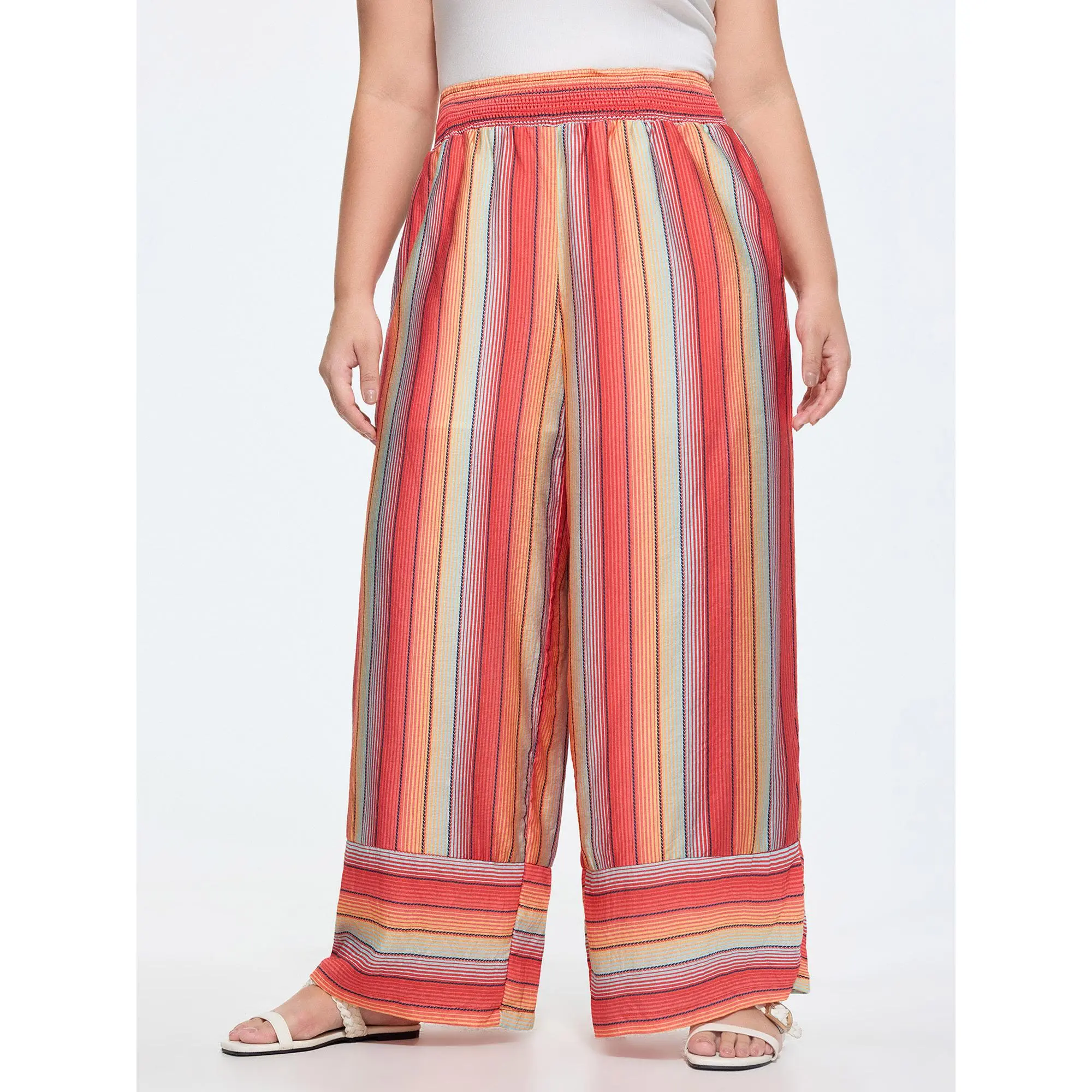 BloomChic Women's Plus Size Casual Striped High Rise Lady Pants with a Smocked Drawstring Waist and Pockets, Rayon Nylon Blend Fabric, Bottom