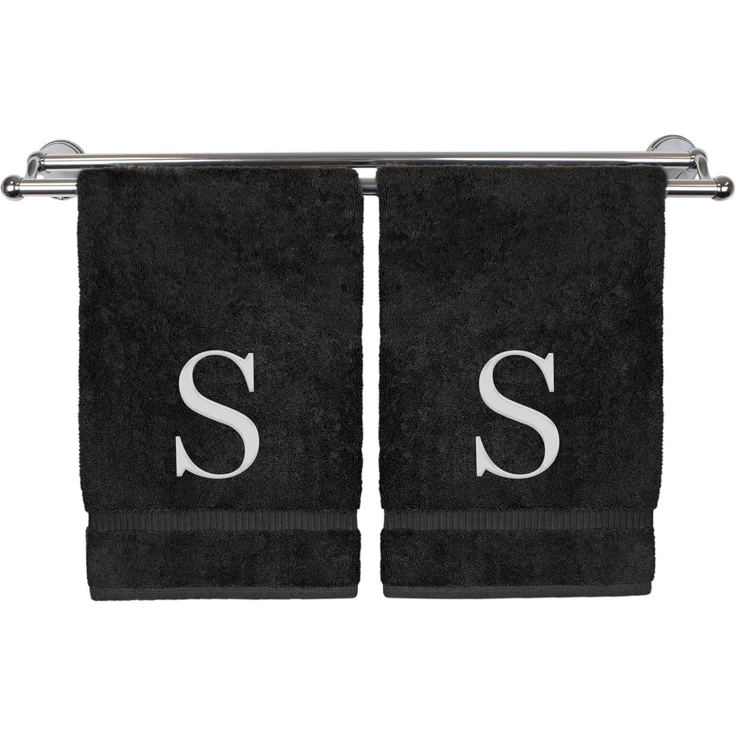 Monogrammed Hand Towel, Personalized Gift, Set of 2- White Block Letter Embroidered Towel - Extra Absorbent 100% Turkish Cotton - Soft Terry Finish - Initial S Black