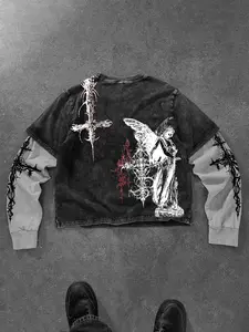 Men's Gothic Cross Long Sleeve T-shirt, Washed Grunge Faux Two-Piece Top, Alt Aesthetic Vintage Layered Look, Saint Print Streetwear Fitted Short Casual