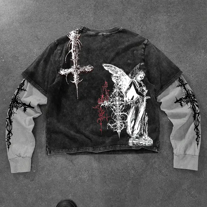 Men's Gothic Cross Long Sleeve Graphic T-shirt, Washed Grunge Faux Two-Piece Top, Alt Aesthetic Vintage Layered Look, Saint Print Streetwear, Casual Menswear, Casual Graphic Tee, Gothic Grunge Tees