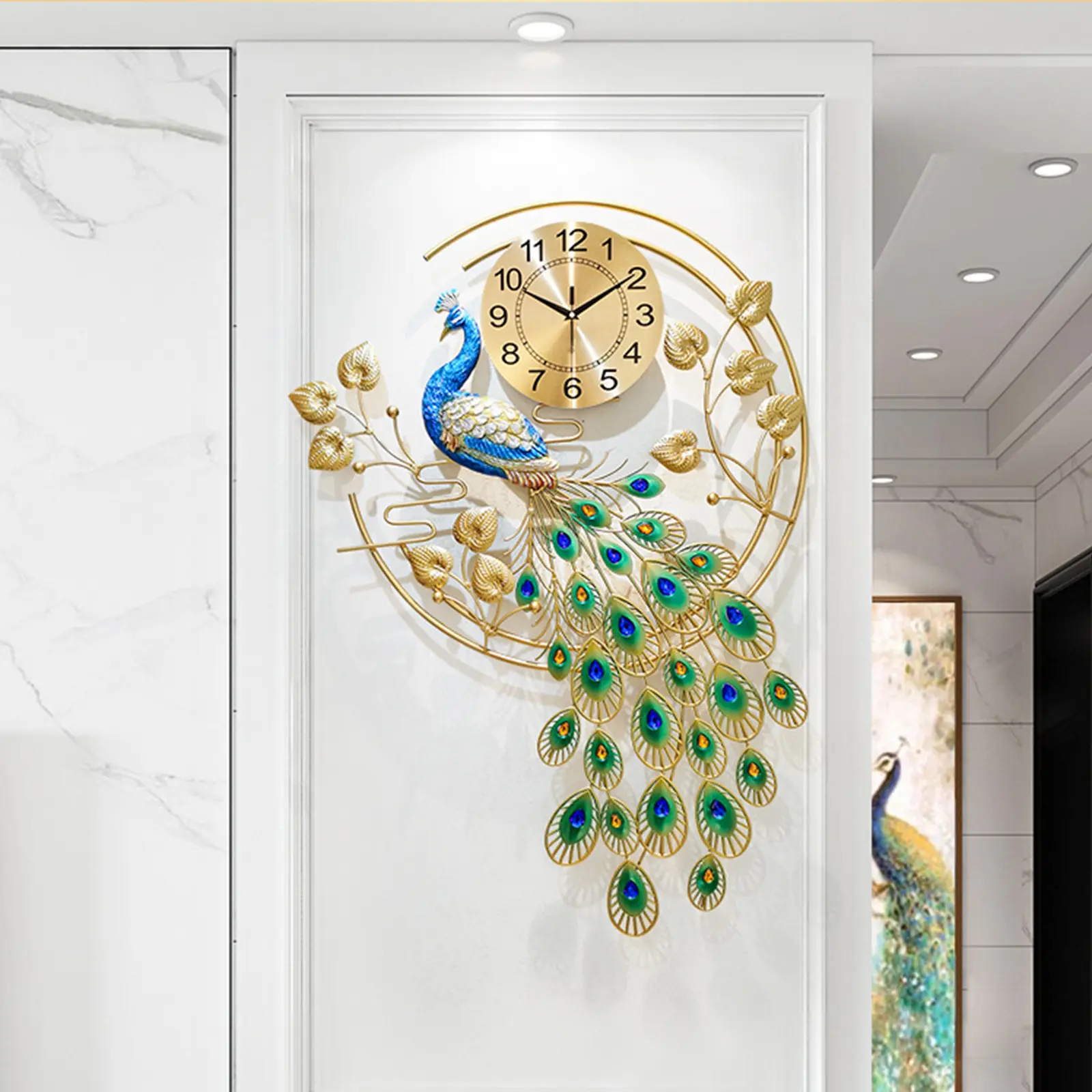 CNCEST Silent Sweep Giant 3D Peacock Resin Wall Clock - Retro Luxury Gold-Green Metal Frame, Battery-Operated Crystal Home Decor Clock for Decorating Living Room, Adult Bedroom, Crystal Wall Clocks