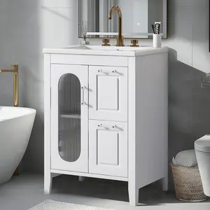 24" Bathroom Vanity with Sink 2 Drawers + 1 Door Adjustable Shelf | Solid Wood & MDF - Small Bathrooms Perfect! Sideboard Cabinet
