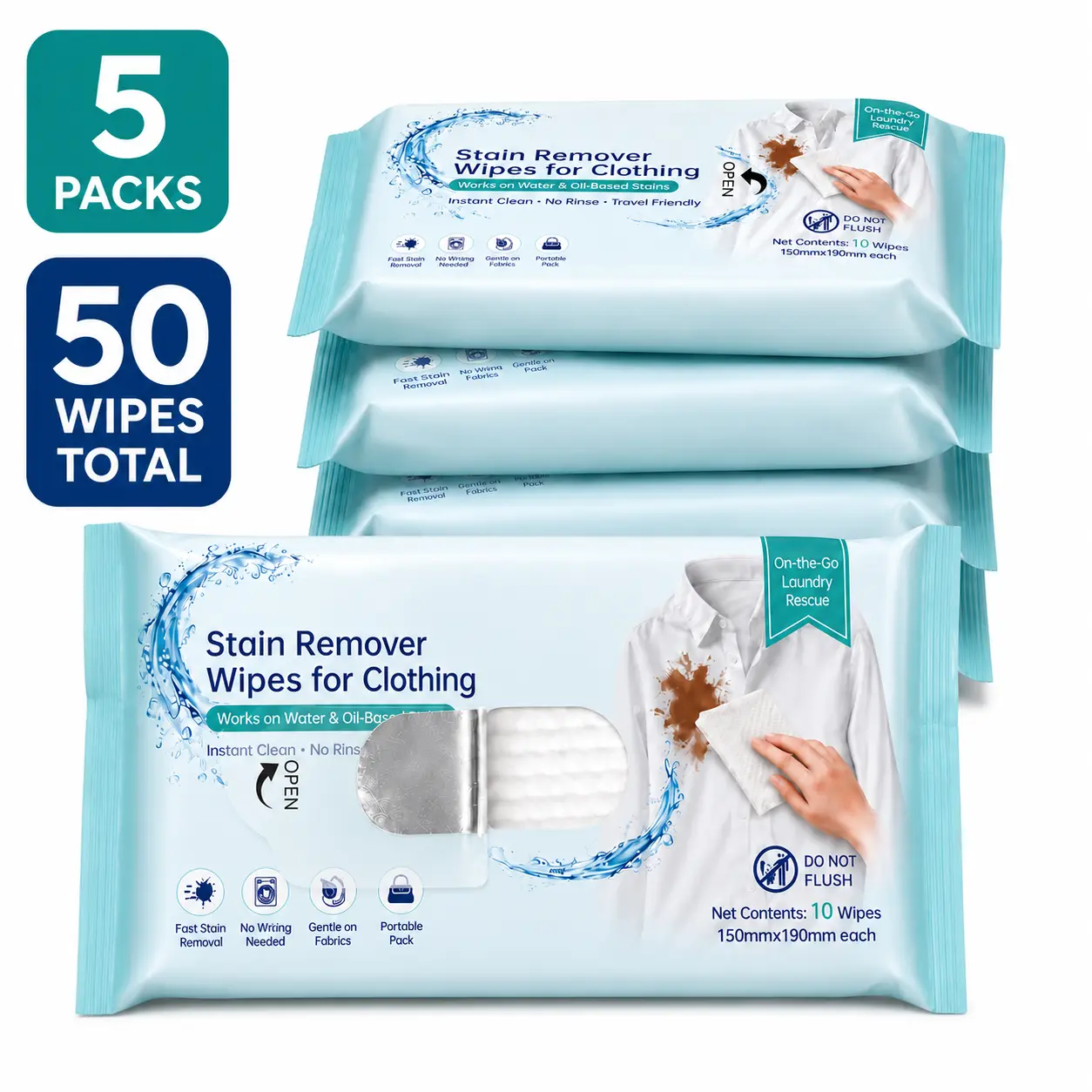 Stain Remover Wipes for Clothing, 5 Packs with 50 Wipes Total, Portable No-Rinse Laundry Stain Wipes for Travel, Office, Car and Dining Out,back to school,back to school haul