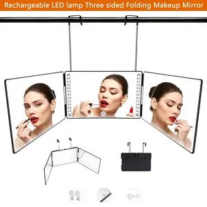 1Pcs 360 degree LED light makeup mirror, Three sided hair cutting mirror, Adjustable three fold for self cutting, Rechargeable vanity mirror