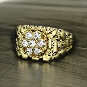 Mens Nugget Pinky CZ Ring 14k Gold Plated Icy Cluster Hip Hop Band 3mm Width White Round Cut CZ Stones Unique Design