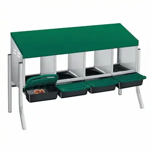 Green Chicken Nesting Box, 4 Compartment Zinc Alloy Nesting Box with Roll Away Egg Collection Plastic Handle Metal Stand, Wall/Freestanding for Chicken Coop Backyard Farm