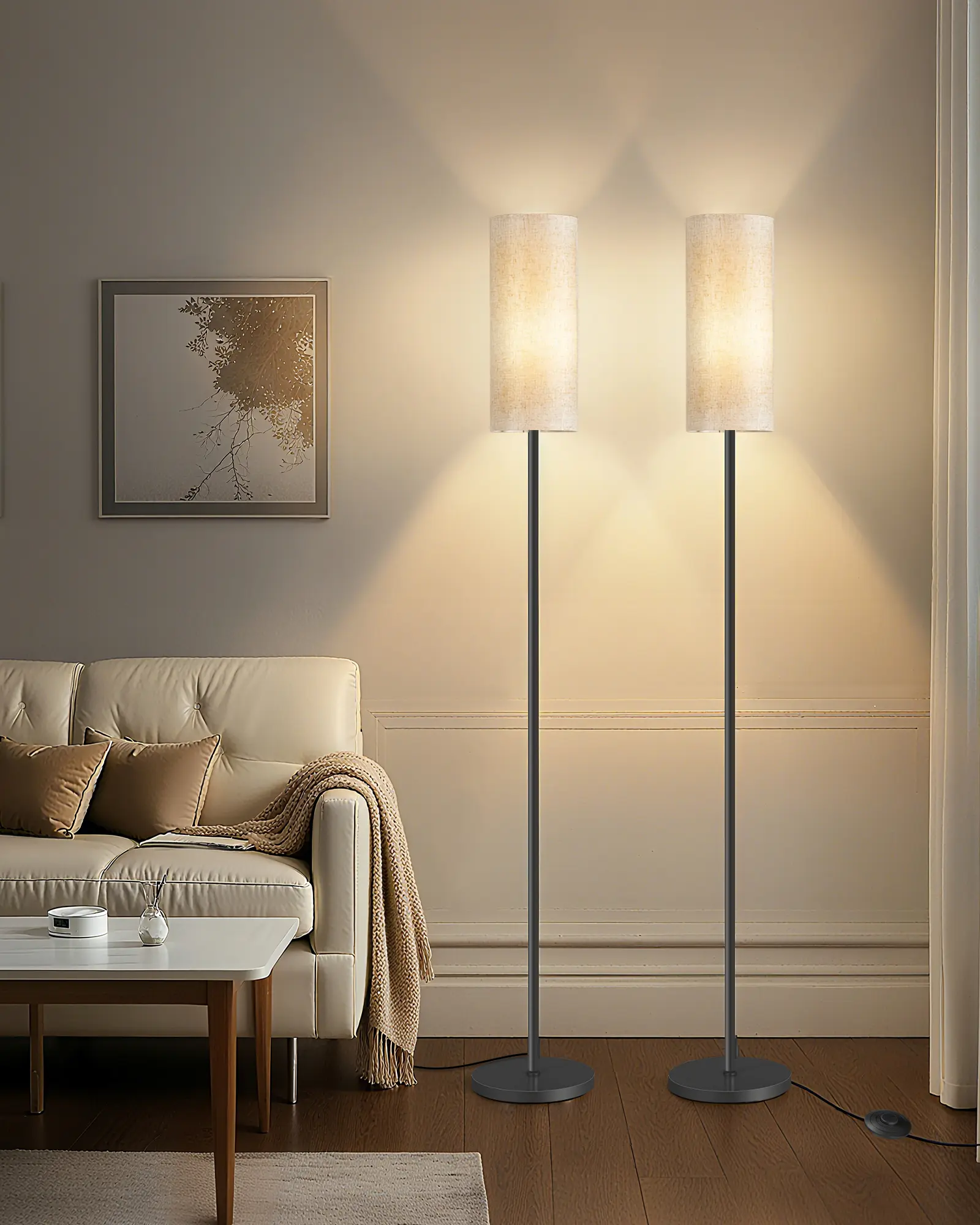 2 Pack Floor Lamp, Pole Lamp with Foot Switch, Modern Standing Lamp, Minimalist Freestanding Lamp (Bulb Not Included), for Living Room, Bedroom Office, Black and Beige