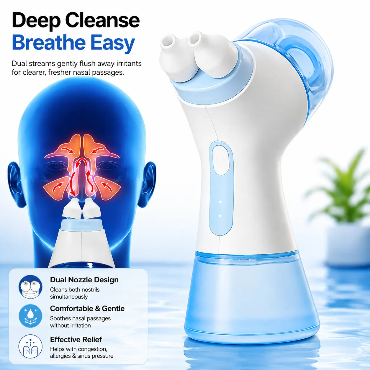 Rechargeable Electric Nasal Irrigation System   For Adults   &   Baby & Maternity Sinus Relief - Dual-Powered, 2-Way Pressure Circuit, Dual Nozzle, Multi-User Design, 30 Saline Packets, 2 Nose Pillow Sets