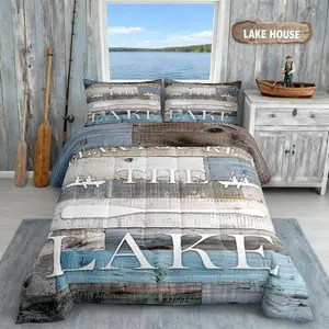 Lake House Comforter Set,Rustic Farmhouse Bedding Set,Retro Wooden Blue Grey Quilt Set,Lake Life White Cabin Bedspread