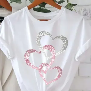Silvery pink heart-shaped pattern print This product is designed as a printed pattern, rhinestones/sequins are only used for visual effect T-shirt short-sleeved round neck casual tops summer spring Women's clothing White CLL T-shirts-0015