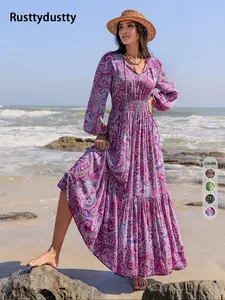 Women's Boho Style Long Sleeve Woven Paisley Dress, Fitted Waist Design, Comfortable & Stylish for All Seasons, Perfect for Beach