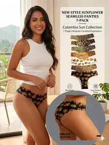 7-Pack Summer New Sunflower Print Seamless Women's Triangle Pants, Breathable Fitted Design, Casual Daily Wear, Comfortable & Skin-Friendly, Panties