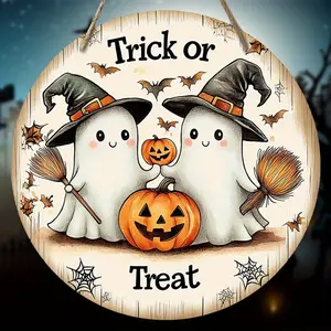 Cartoon Ghost & Pumpkin Pattern Hanging Decor, 1 Count Halloween Themed Wooden Hanging Sign, Round Hanging Sign for Door Wall, Halloween Decoration